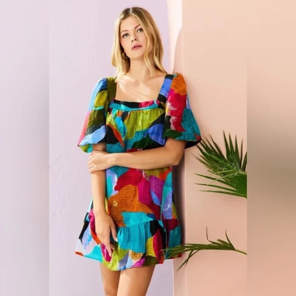 Marie Oliver Kaylee Puff-Sleeve Colorful Jewel Linen Silk Shift Dress- Xs